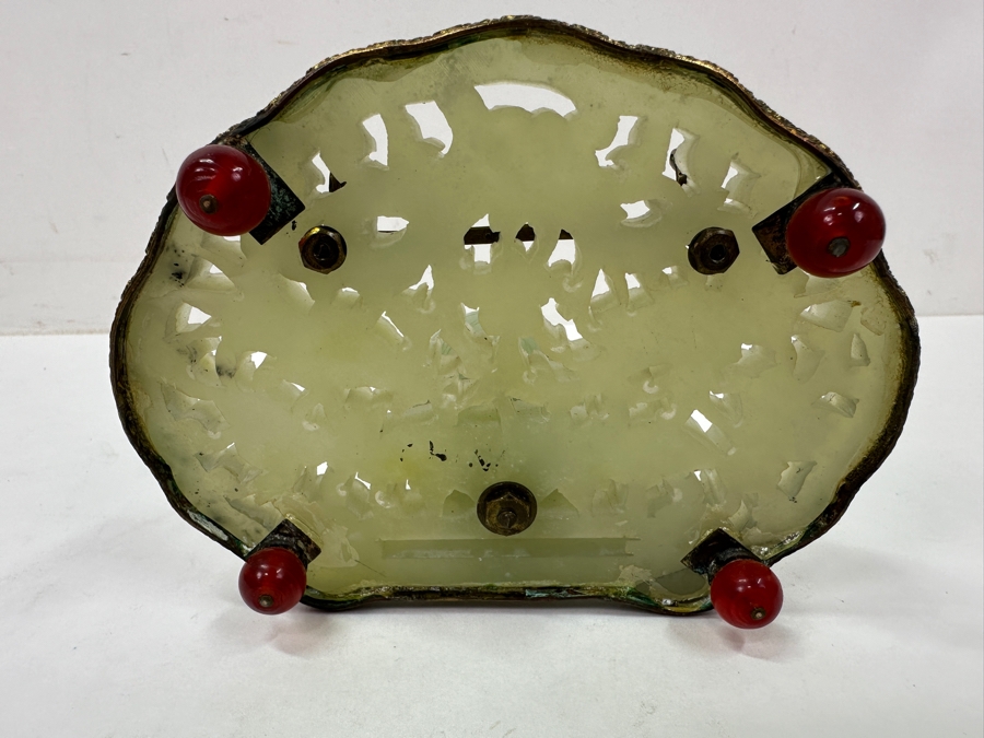 Vintage Chinese Jade Inkwell Set with Ornate Pen Holder And Decorative Lid Featuring Floral Motifs 5.25'W x 4'H [Photo 17]