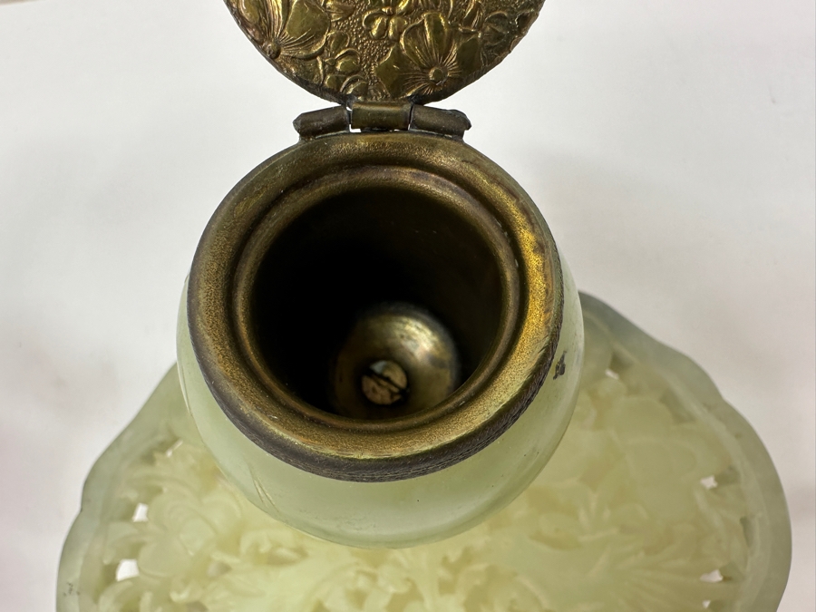 Vintage Chinese Jade Inkwell Set with Ornate Pen Holder And Decorative Lid Featuring Floral Motifs 5.25'W x 4'H [Photo 11]