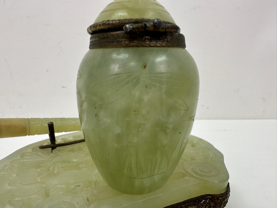 Vintage Chinese Jade Inkwell Set with Ornate Pen Holder And Decorative Lid Featuring Floral Motifs 5.25'W x 4'H [Photo 12]