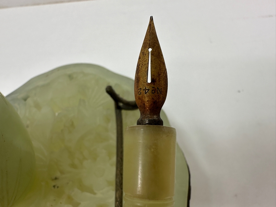 Vintage Chinese Jade Inkwell Set with Ornate Pen Holder And Decorative Lid Featuring Floral Motifs 5.25'W x 4'H [Photo 16]