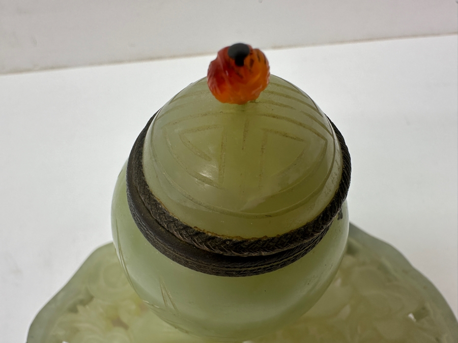 Vintage Chinese Jade Inkwell Set with Ornate Pen Holder And Decorative Lid Featuring Floral Motifs 5.25'W x 4'H [Photo 7]