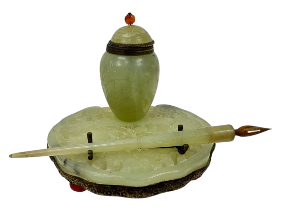 Vintage Chinese Jade Inkwell Set with Ornate Pen Holder And Decorative Lid Featuring Floral Motifs 5.25'W x 4'H
