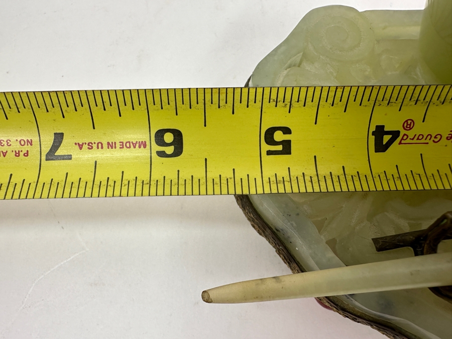Vintage Chinese Jade Inkwell Set with Ornate Pen Holder And Decorative Lid Featuring Floral Motifs 5.25'W x 4'H [Photo 18]