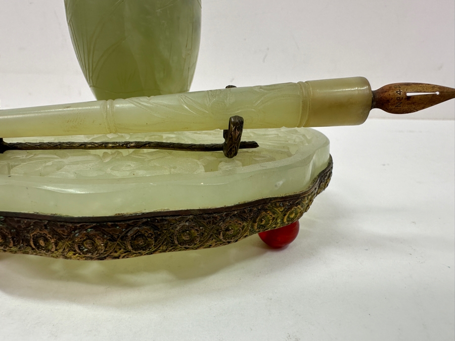 Vintage Chinese Jade Inkwell Set with Ornate Pen Holder And Decorative Lid Featuring Floral Motifs 5.25'W x 4'H [Photo 3]