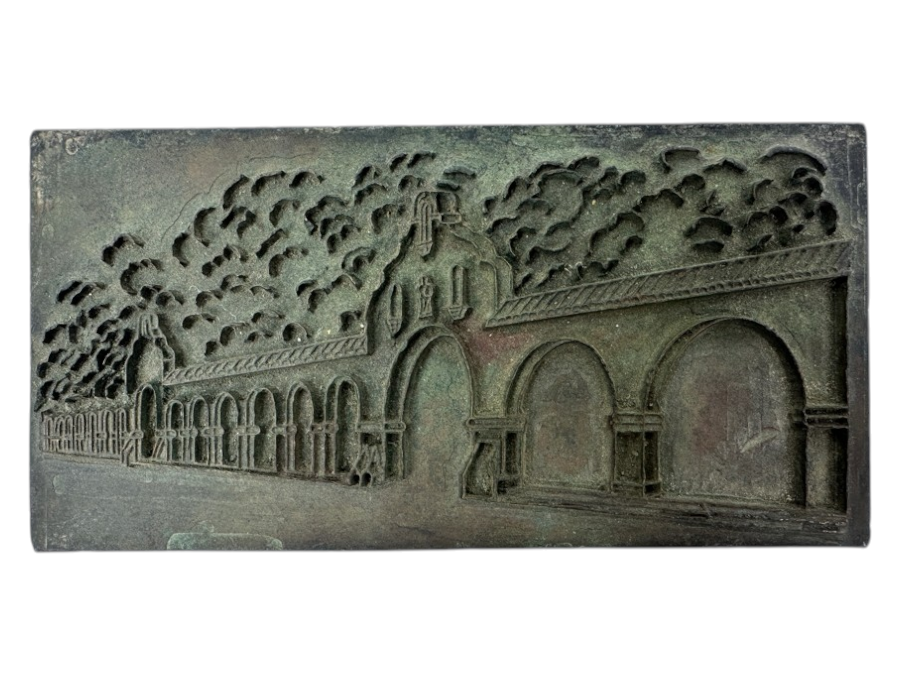 Vintage Metal Architectural Etching Plate of Mission San Juan Capistrano Showing Arches And Trees 1,711g