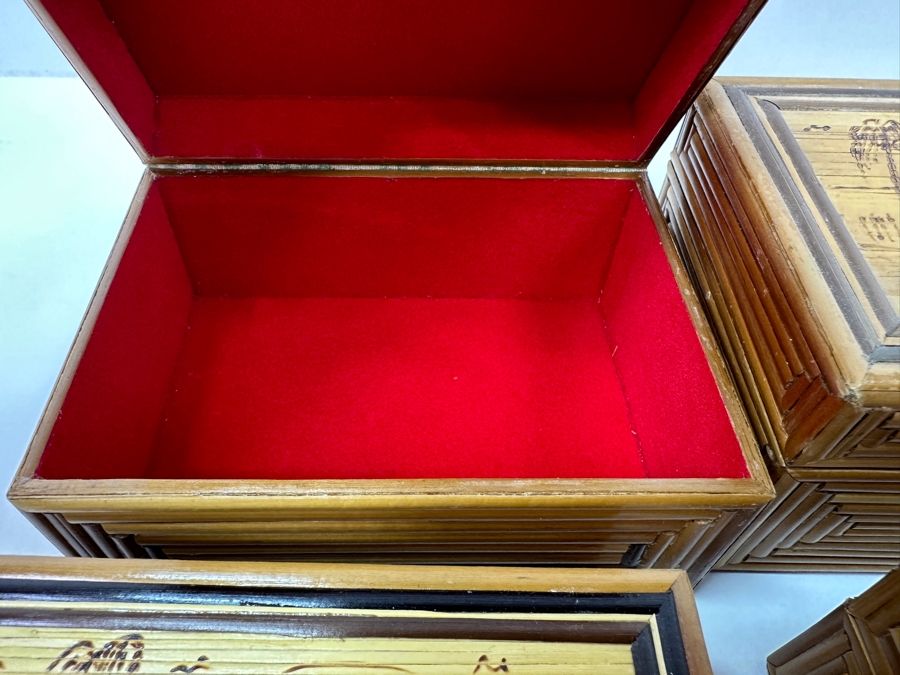 Pair Of Bamboo Nesting Trinket Boxes With Village Scene Engravings Lined with Red Velvet 5'W x 4'D x 2.75'H [Photo 5]