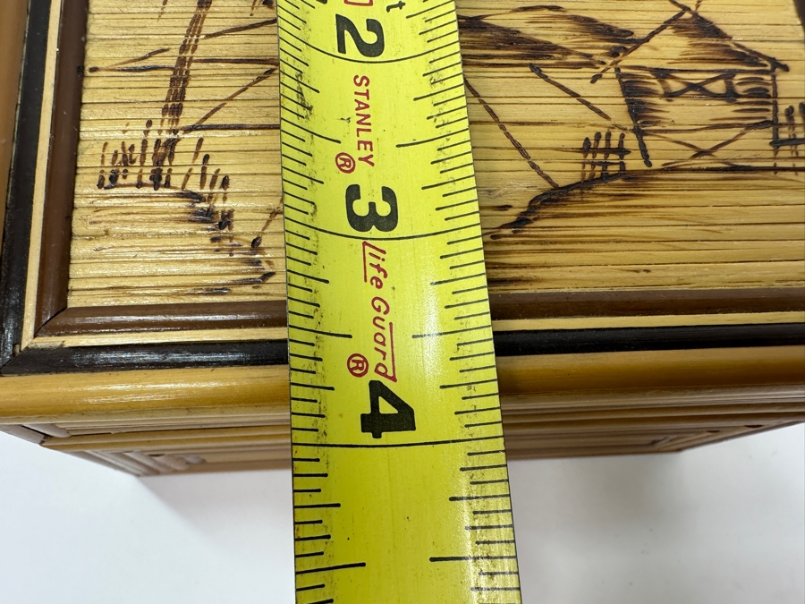 Pair Of Bamboo Nesting Trinket Boxes With Village Scene Engravings Lined with Red Velvet 5'W x 4'D x 2.75'H [Photo 7]