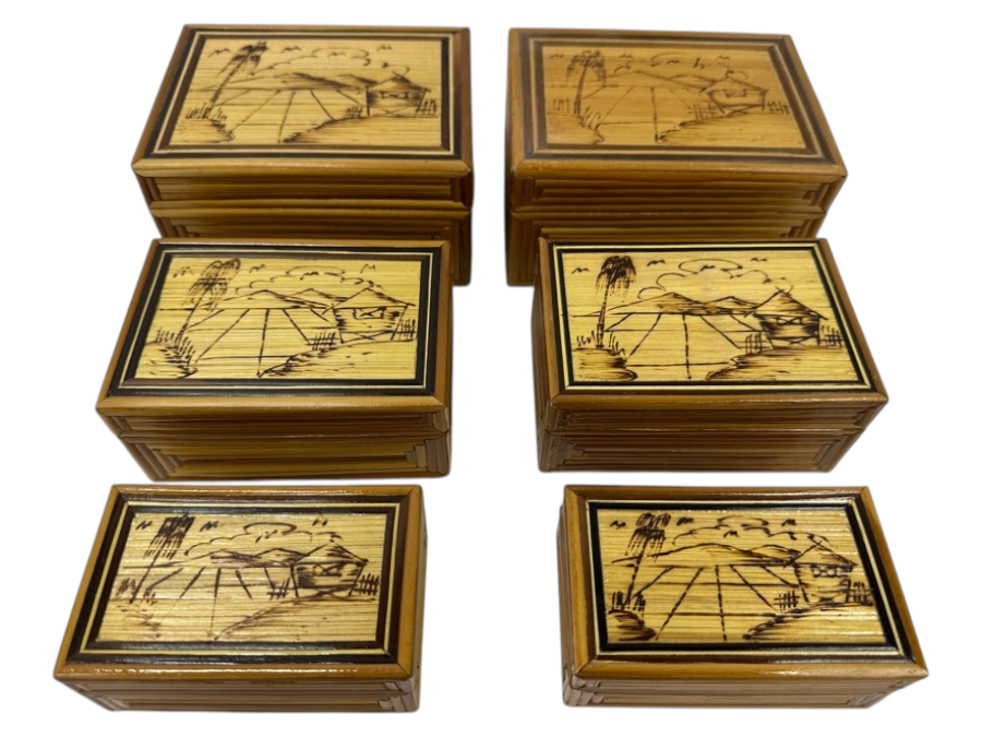 Pair Of Bamboo Nesting Trinket Boxes With Village Scene Engravings Lined with Red Velvet 5'W x 4'D x 2.75'H