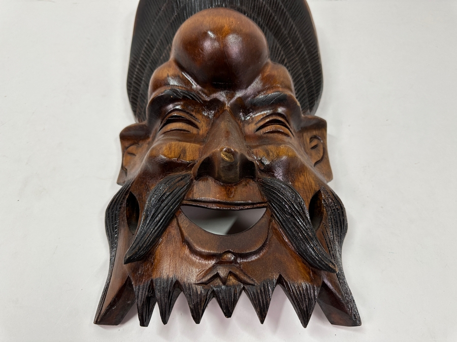 Vintage Asian Hand-Carved Wooden Mask Depicting Emperor Or Wise Man 8.5'W x 17'H
 [Photo 2]