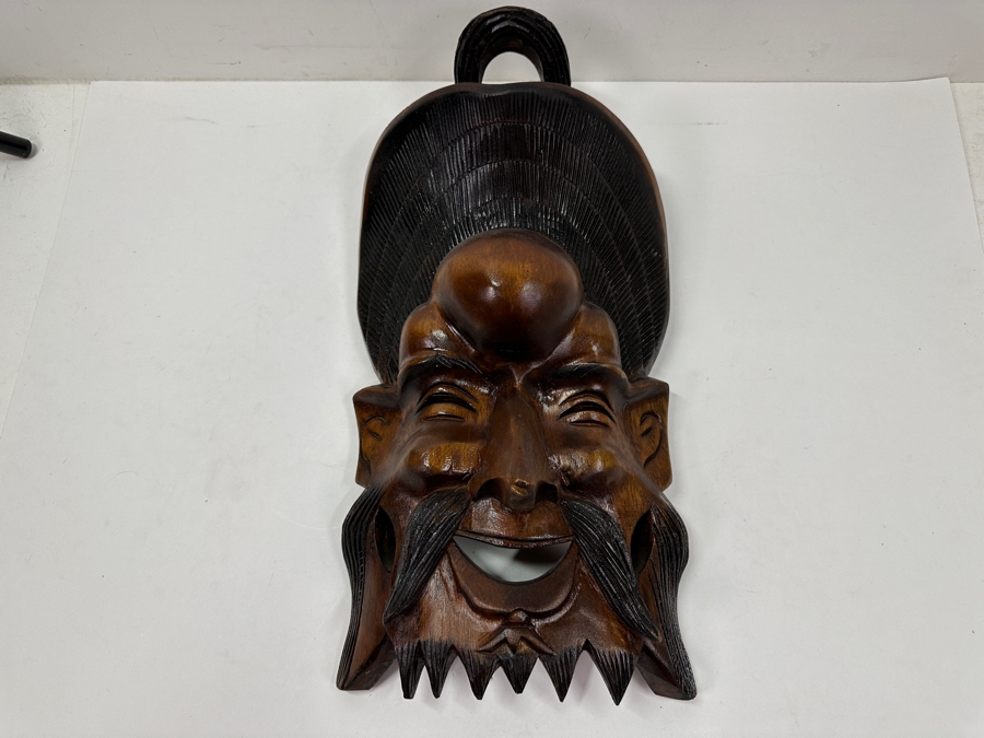 Vintage Asian Hand-Carved Wooden Mask Depicting Emperor Or Wise Man 8.5'W x 17'H
 [Photo 3]