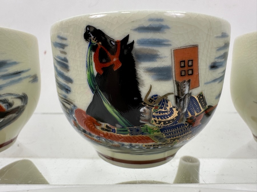 Japanese Black War Horse Ceramic Teapot Set With 5 Cups Featuring Samurai Artwork [Photo 6]