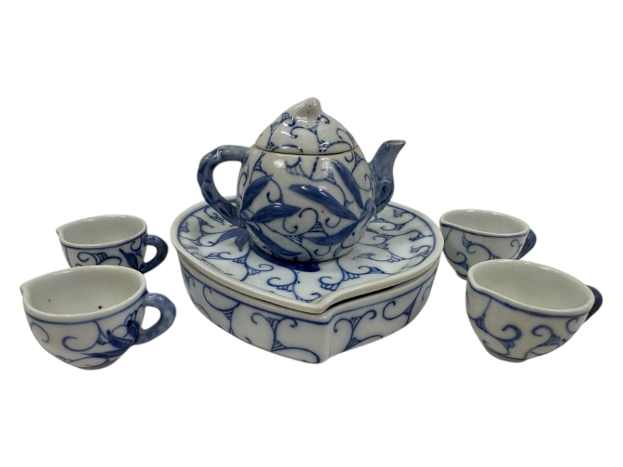 Vintage Chinese Miniature Porcelain Tea Set With Blue And White Floral Design, Guangxu Mark