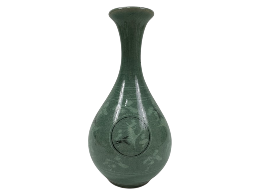 Vintage Korean Celadon Crackle Glaze Vase With Inlaid Flying Crane and Cloud Design Signed 6.5'H