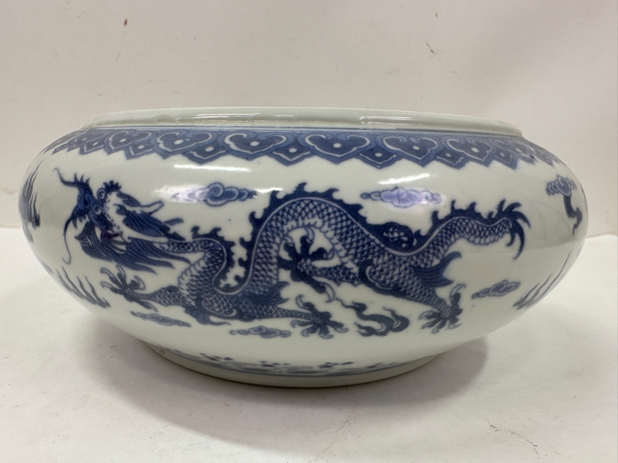 Vintage Chinese Blue and White Porcelain Dragon Alms Bowl With Qianlong Mark 9'W x 3.5'H [Photo 2]