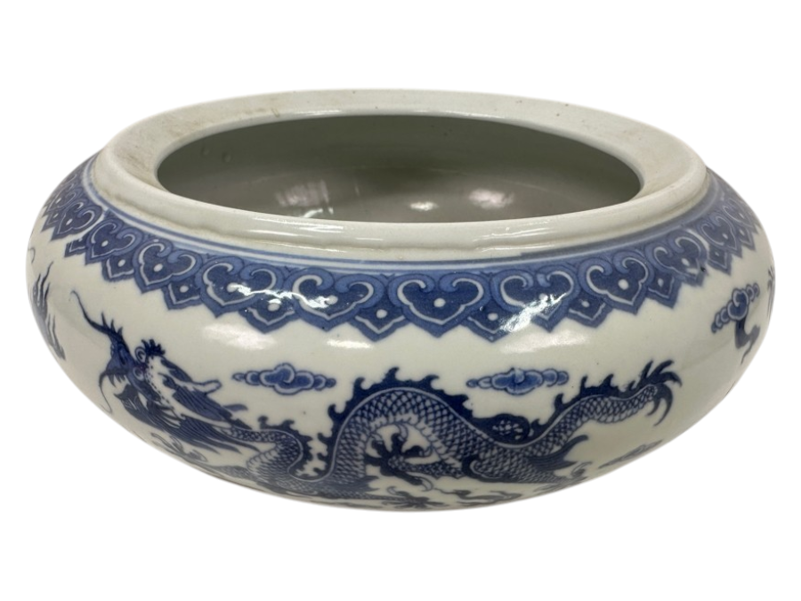 Vintage Chinese Blue and White Porcelain Dragon Alms Bowl With Qianlong Mark 9'W x 3.5'H