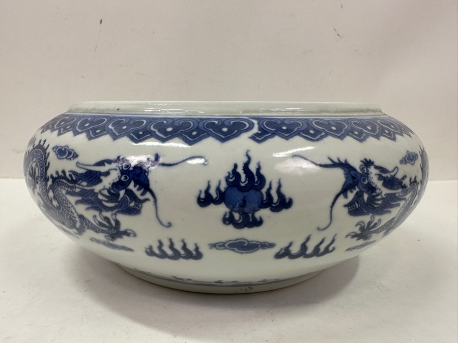 Vintage Chinese Blue and White Porcelain Dragon Alms Bowl With Qianlong Mark 9'W x 3.5'H [Photo 3]