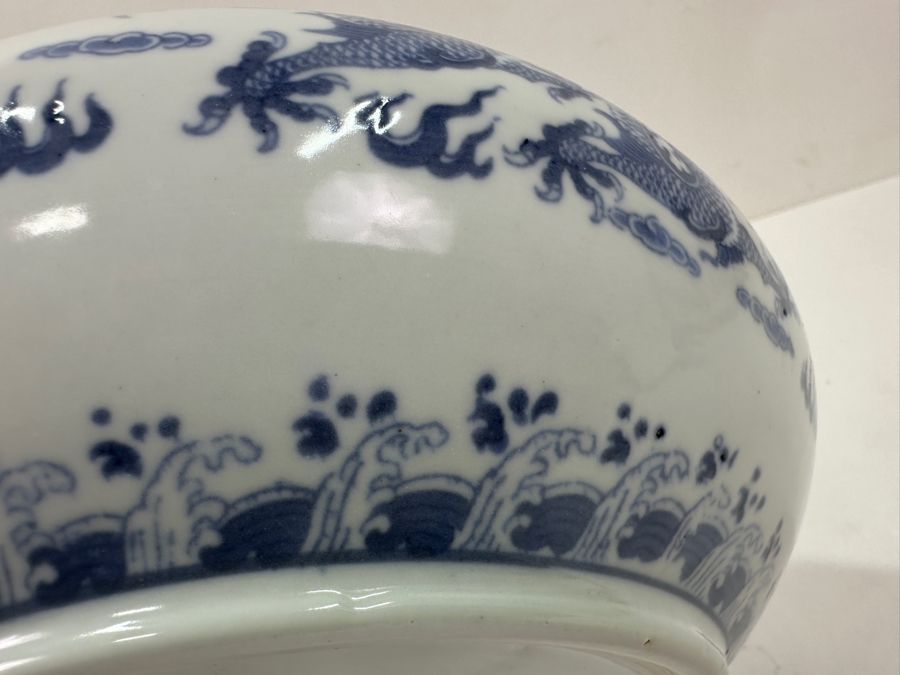 Vintage Chinese Blue and White Porcelain Dragon Alms Bowl With Qianlong Mark 9'W x 3.5'H [Photo 8]