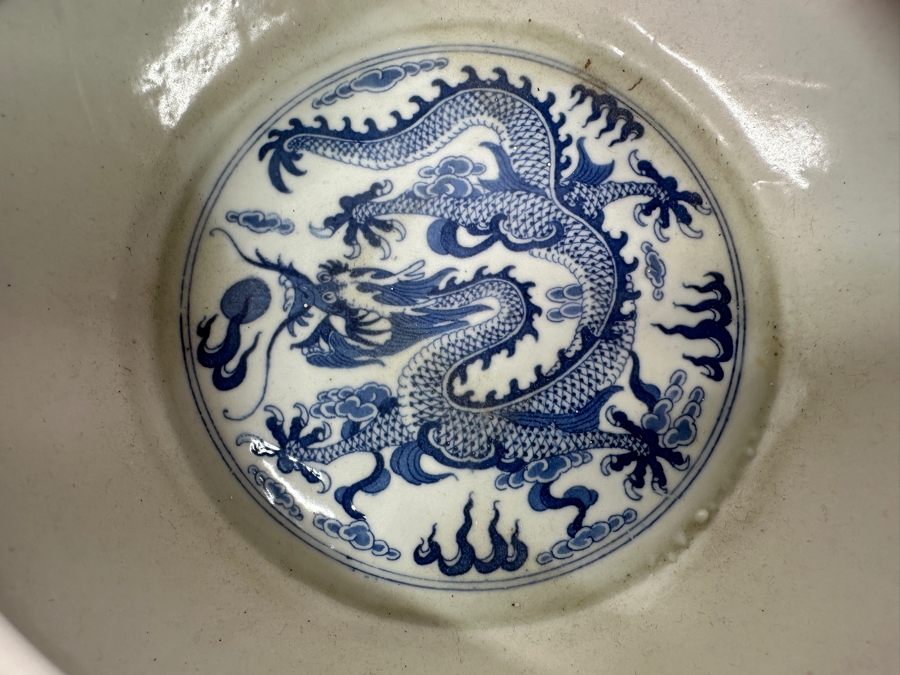 Vintage Chinese Blue and White Porcelain Dragon Alms Bowl With Qianlong Mark 9'W x 3.5'H [Photo 5]