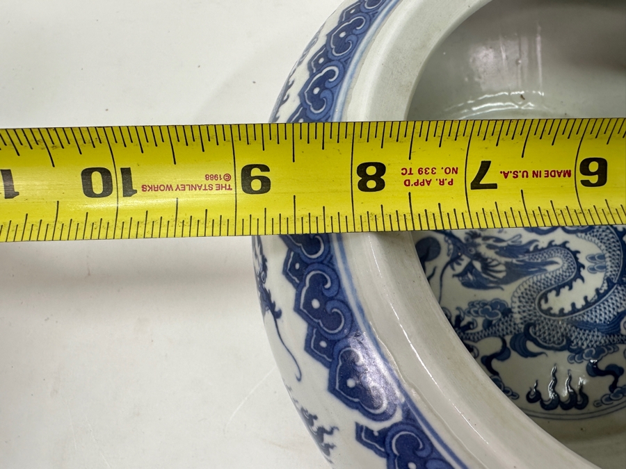 Vintage Chinese Blue and White Porcelain Dragon Alms Bowl With Qianlong Mark 9'W x 3.5'H [Photo 9]