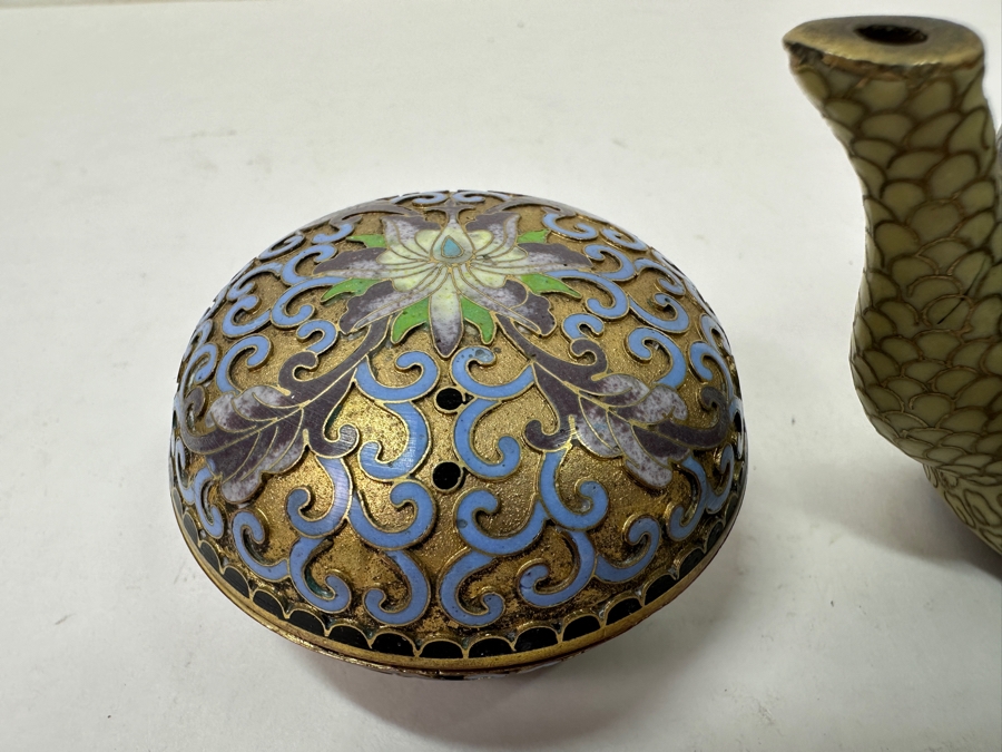 Vintage Miniature Cloisonné Teapot And Lidded Box With Intricate Floral Designs 1.5'H and 3'H [Photo 4]