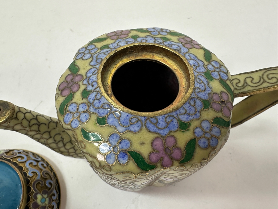 Vintage Miniature Cloisonné Teapot And Lidded Box With Intricate Floral Designs 1.5'H and 3'H [Photo 8]