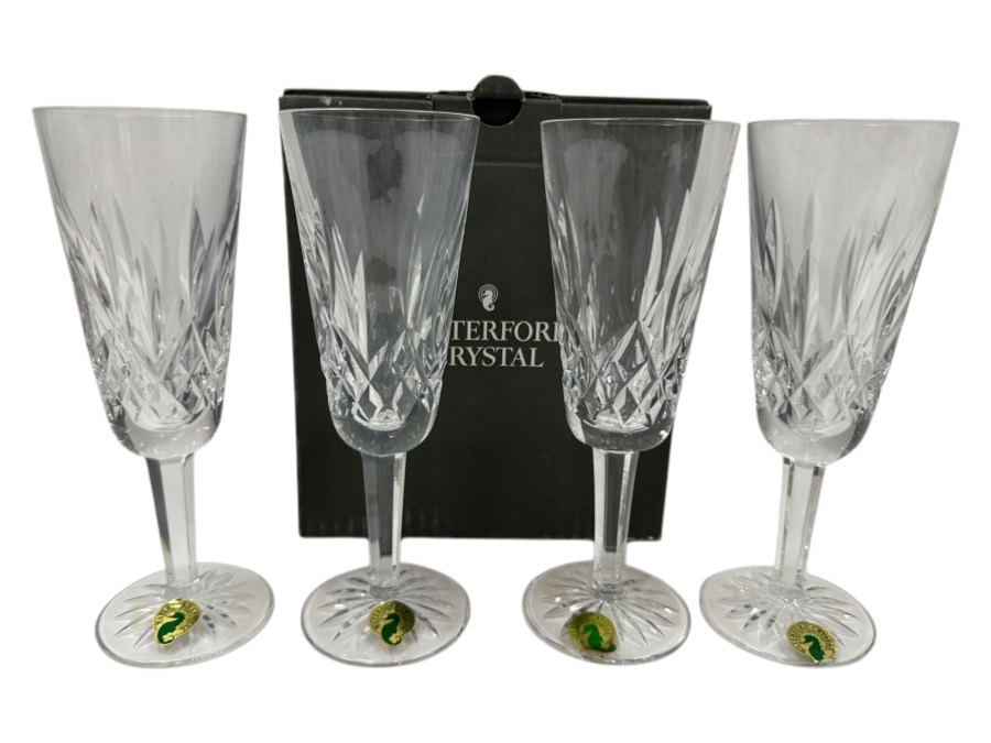New Set of (4) Waterford Crystal Lismore Champagne Flutes with Original Box 7.25'H