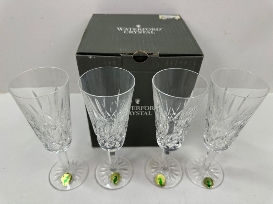 New Set of (4) Waterford Crystal Lismore Champagne Flutes with Original Box 7.25'H [Photo 3]
