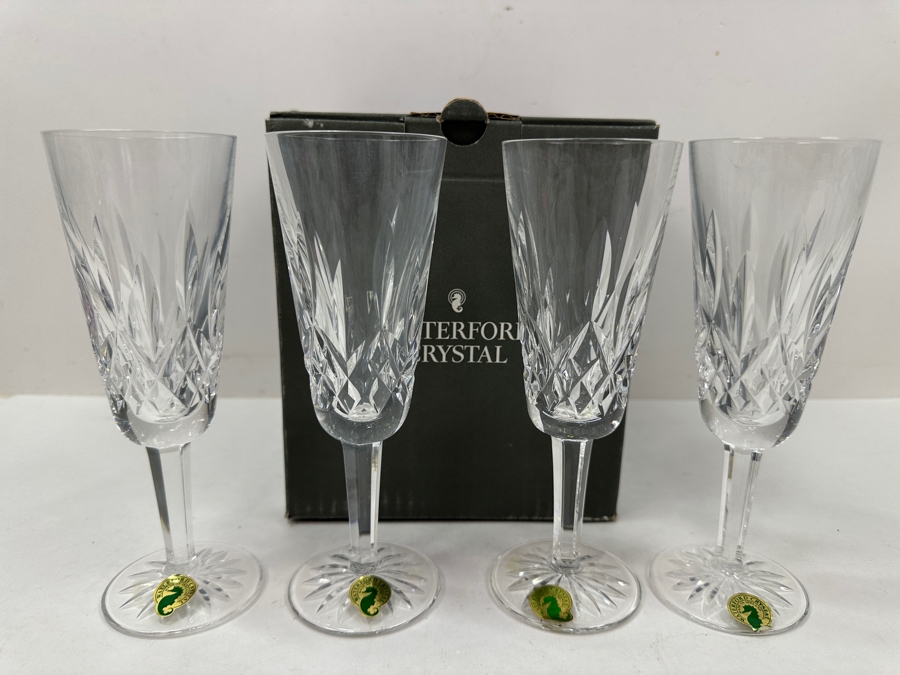 New Set of (4) Waterford Crystal Lismore Champagne Flutes with Original Box 7.25'H [Photo 2]