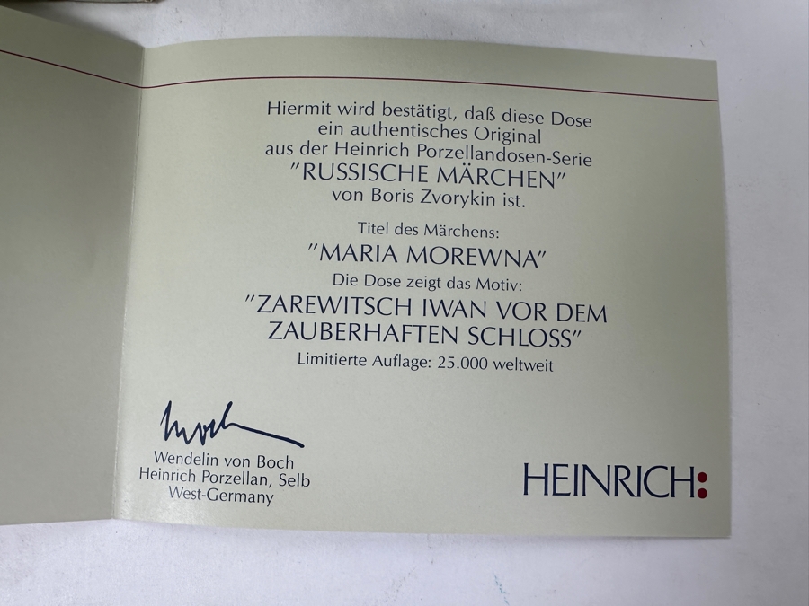 Heinrich Porcelain Box Featuring Maria Morevna Of The Enchanted Castle Design By Villeroy & Boch Limited Edition With Original Box 5'W x 3.75'D [Photo 6]