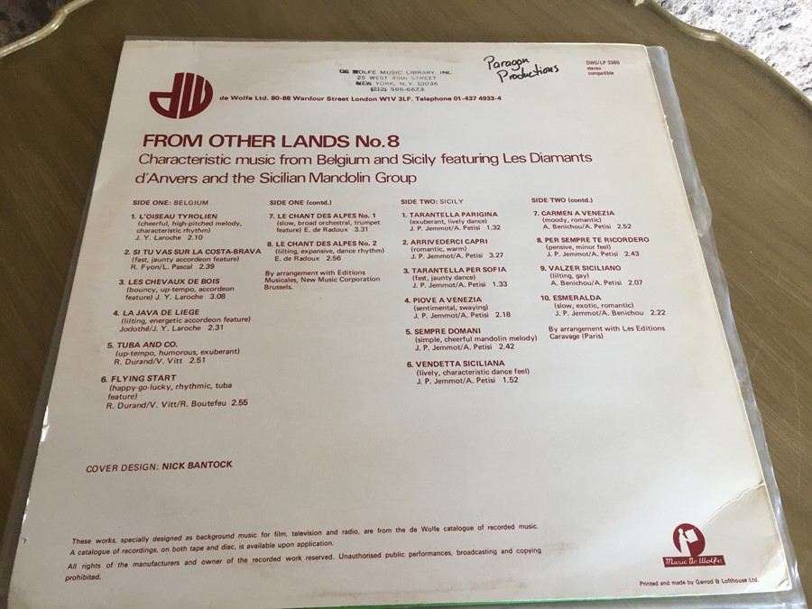 Les Diamants D'Anvers / Sicilian Mandolin Group, The ‎- From Other Lands No.8 Belgium Sicily - Music De Wolfe ‎- DWS/LP 3360 [Photo 2]