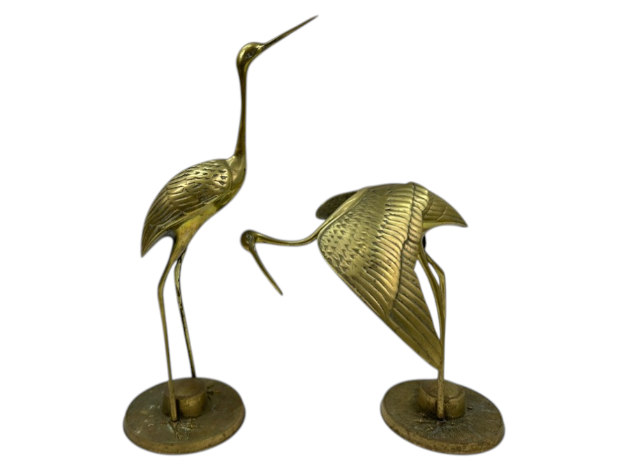 Pair Of Mid-Century Modern Solid Brass Crane Figurines 17.5'H and 12'H