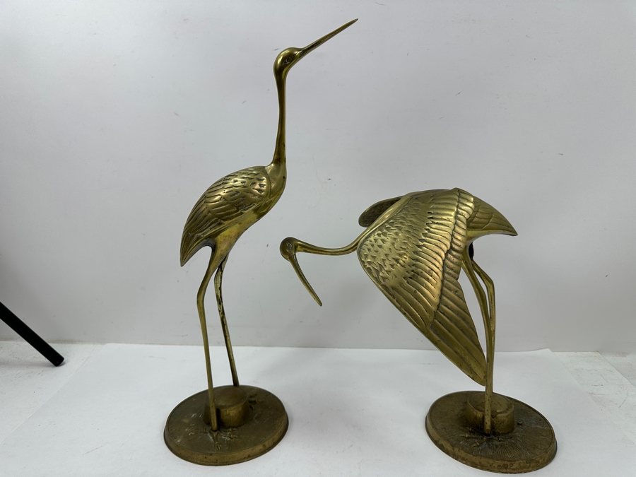 Pair Of Mid-Century Modern Solid Brass Crane Figurines 17.5'H and 12'H [Photo 5]