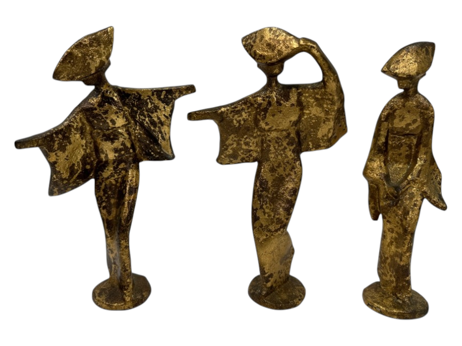 Set of (3) Mid-Century Modern Cast Iron Japanese Geisha / Awa Odori Dancer Figurines 9.5'H
