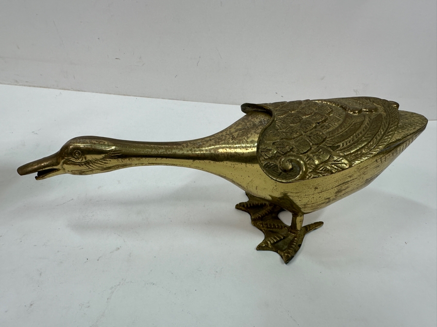 Pair of Mid-Century Solid Brass Goose Figurines with Removable Wings for Storage / Incense Burning 10'H and 4'H
 [Photo 4]