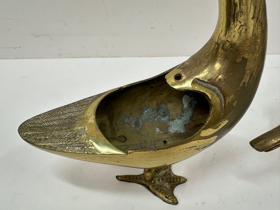 Pair of Mid-Century Solid Brass Goose Figurines with Removable Wings for Storage / Incense Burning 10'H and 4'H
 [Photo 3]