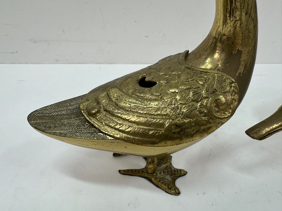 Pair of Mid-Century Solid Brass Goose Figurines with Removable Wings for Storage / Incense Burning 10'H and 4'H
 [Photo 2]