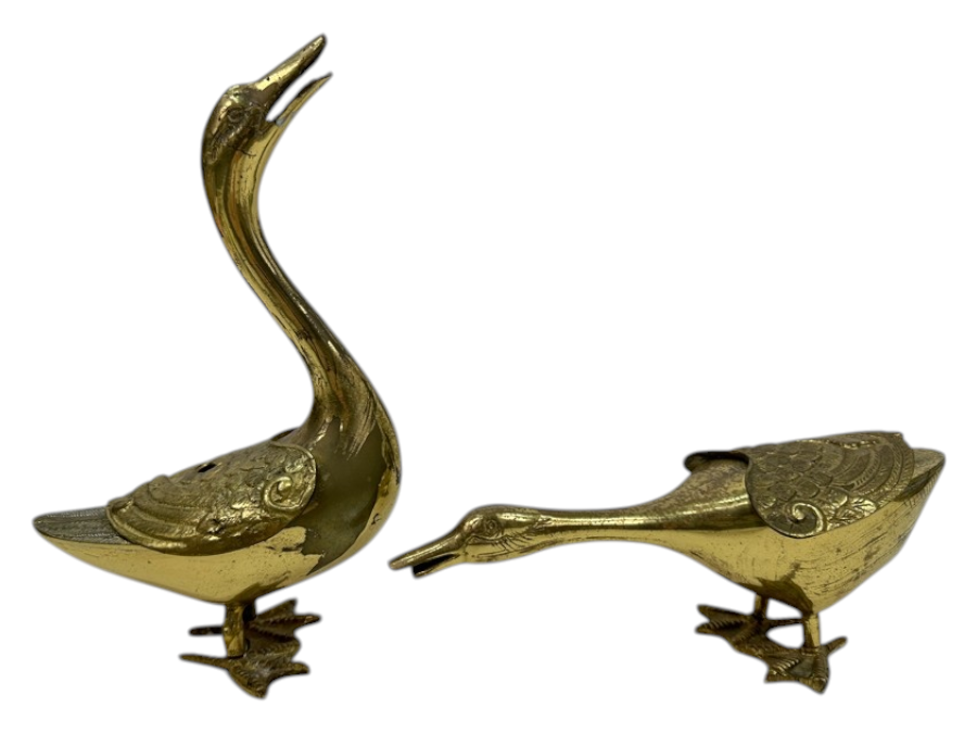 Pair of Mid-Century Solid Brass Goose Figurines with Removable Wings for Storage / Incense Burning 10'H and 4'H
