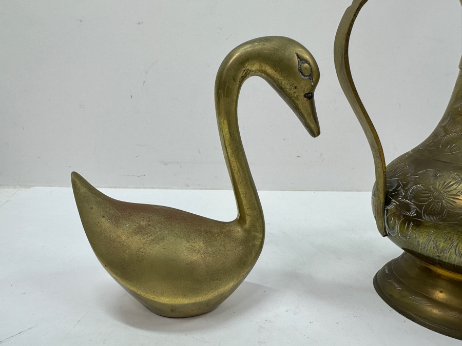 Vintage Etched Brass Dallah Coffee Pot With (3) Decorative Swan Figurines 4'H - 12'H [Photo 3]