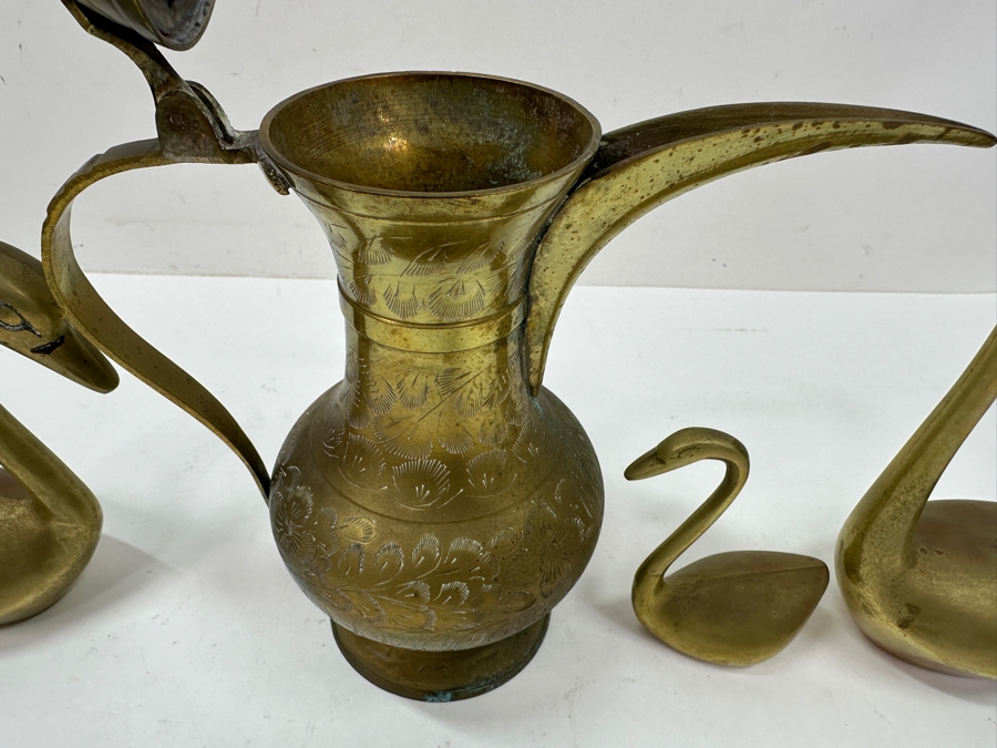 Vintage Etched Brass Dallah Coffee Pot With (3) Decorative Swan Figurines 4'H - 12'H [Photo 4]