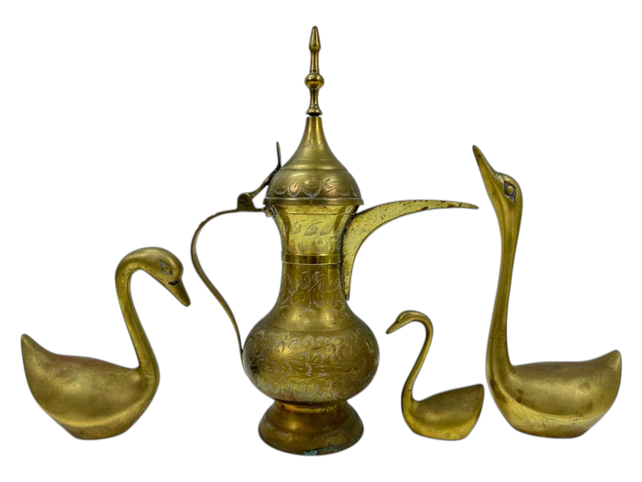 Vintage Etched Brass Dallah Coffee Pot With (3) Decorative Swan Figurines 4'H - 12'H