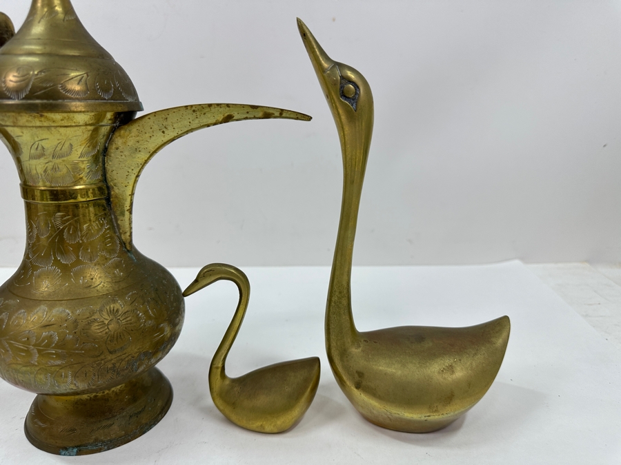 Vintage Etched Brass Dallah Coffee Pot With (3) Decorative Swan Figurines 4'H - 12'H [Photo 2]