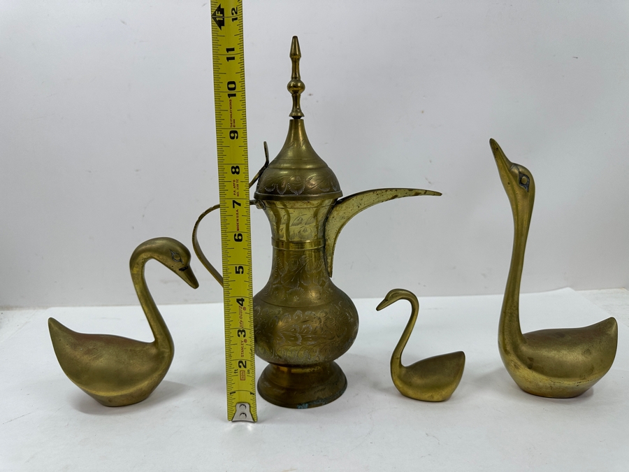 Vintage Etched Brass Dallah Coffee Pot With (3) Decorative Swan Figurines 4'H - 12'H [Photo 7]