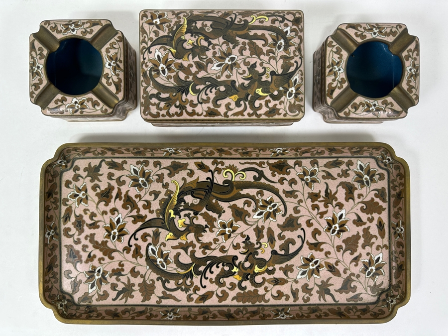 Cloisonné Smoking Set with Cigarette Box (6'W x 4'D x 2.5'H), (2) Ashtrays and Dragon Tray (15.5' x 7.5') [Photo 2]
