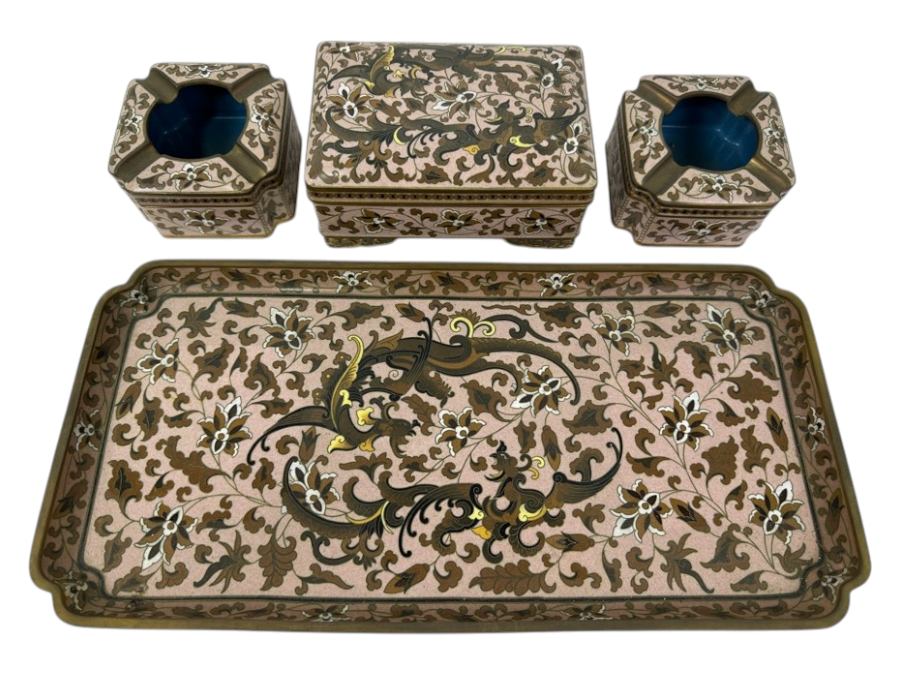 Cloisonné Smoking Set with Cigarette Box (6'W x 4'D x 2.5'H), (2) Ashtrays and Dragon Tray (15.5' x 7.5')