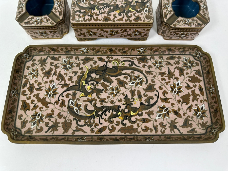 Cloisonné Smoking Set with Cigarette Box (6'W x 4'D x 2.5'H), (2) Ashtrays and Dragon Tray (15.5' x 7.5') [Photo 3]