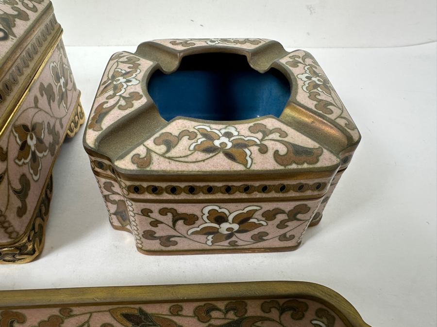 Cloisonné Smoking Set with Cigarette Box (6'W x 4'D x 2.5'H), (2) Ashtrays and Dragon Tray (15.5' x 7.5') [Photo 6]