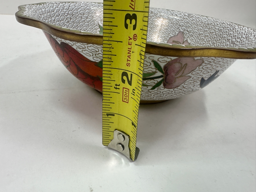 Vintage Chinese Cloisonné Bowl With Floral Design and Bird Motif 8.25'W x 2.5'H [Photo 3]