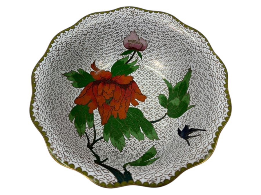 Vintage Chinese Cloisonné Bowl With Floral Design and Bird Motif 8.25'W x 2.5'H