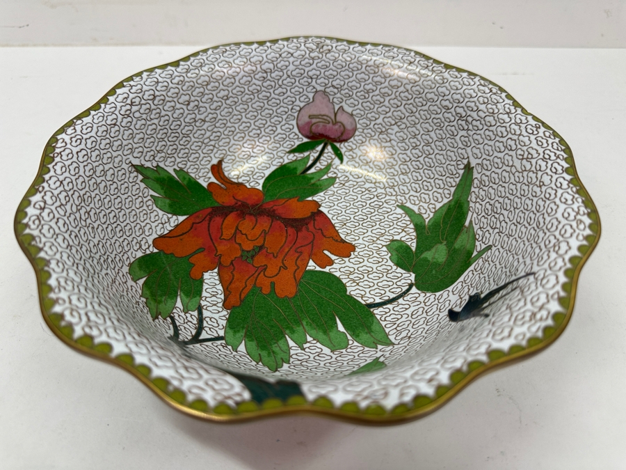 Vintage Chinese Cloisonné Bowl With Floral Design and Bird Motif 8.25'W x 2.5'H [Photo 7]