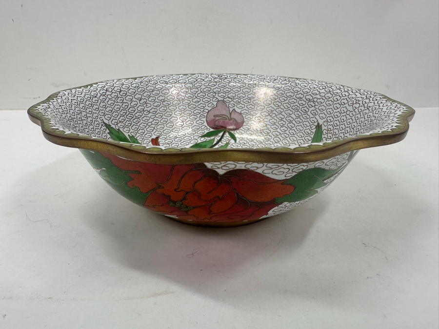 Vintage Chinese Cloisonné Bowl With Floral Design and Bird Motif 8.25'W x 2.5'H [Photo 6]